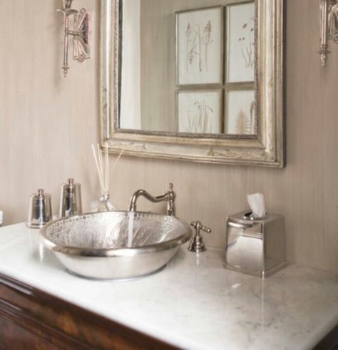 Silver basin Old World Bathroom, Transitional Powder Room, Romantic Bathrooms, Silver Bathroom, Paris Home, Decor Ikea, Powder Room Design, Attic Renovation, Bathroom Wall Decor