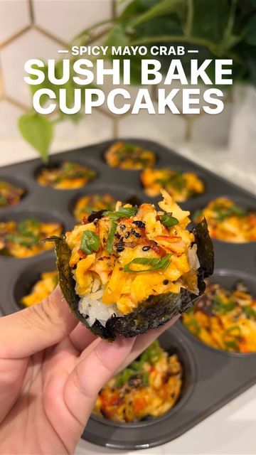 Mimi | Food + Travel on Instagram: "Spicy crab sushi bake cupcakes! These are a fun take on sushi bake casseroles. It is creamy, decadent, & the cupcakes make it perfect for sharing! Save this recipe for your next potluck with friends or family meal!   🫶 IB: @torminell’s salmon sushi muffins   INGREDIENTS (12 cupcakes): 1/2 lb imitation crab, shredded & cut 1/4 cup japanese mayo 1/4 cup cream cheese 1 tbs sriracha 3 seaweed sheets (nori) 2 cups rice, cooked drizzle japanese mayo drizzle srirach Sushi Muffin Tin, Shrimp Sushi Muffins, Sushi Muffin Cups, Cupcake Sushi Bake, Salmon Muffin Cups, Baked Salmon Seaweed Cups, Crab Sushi Cups, Sushi Bake In Muffin Pan, Sushi In Muffin Tin