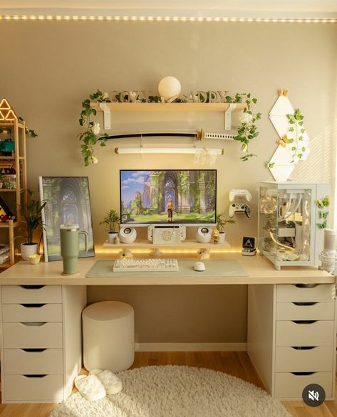 Gamer Interior Design, White Gaming Setup With Plants, Cozy Desktop Setup, Cozy Gaming Room Ideas Aesthetic, Art Desk Setup Ideas, Neutral Desk Setup, Coquette Pc Setup, Gamer Room Decor Ideas, Desk Setup Bedroom