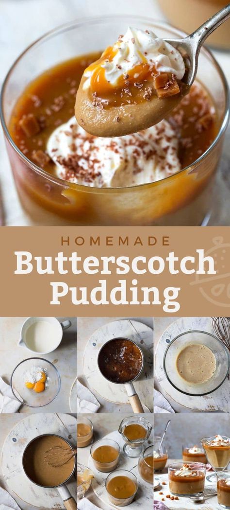 Made with simple ingredients and in 15 minutes, this silky and decadent Butterscotch Pudding is the ultimate comfort food creamy dessert, packed with rich flavor and caramel notes from dark brown sugar. Topped with whipped cream, toffee bits, caramel, and grated chocolate this homemade pudding recipe will satisfy all your cravings. #lemonblossoms #dessert #butterscotch Homemade Pudding Recipe, Butterscotch Pudding Recipes, Butterscotch Desserts, Homemade Butterscotch, Butterscotch Recipes, Frozen Pudding, Butter Desserts, Butterscotch Candy, Winter Meals