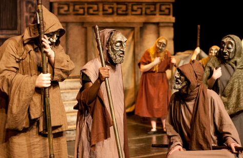 Greek theater costumes often associate with wearing masks with exaggerated expressions to get the audience to understand the character type. Ancient Greek Costumes, Ancient Greek Clothing, Greek Chorus, Greek Plays, Ancient Greek Theatre, Greek Theatre, Drama Masks, Greek Costume, Classical Greece