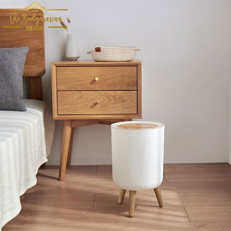 Nordic Minimalist White & Wood Large Capacity Living Room Bedroom Press Aesthetic Trash Can at 32% off! ₱269 - ₱639 only. Compost Trash Can, Kitchen Nordic Style, Wooden Trash Can, Kitchen Nordic, Bathroom Waste Basket, Garbage Containers, Container Office, Bathroom Trash Can, Kitchen Trash Cans