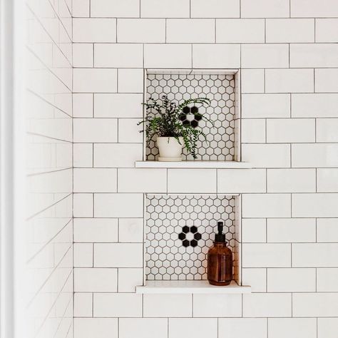 We're obsessed with all things built-in, but especially in the bathroom (and especially, especially in the shower). Head to the link in our… Bathroom Niche, Subway Tile Showers, Farmhouse Side Table, Cute Dorm Rooms, Shower Niche, Shower Shelves, Dream Bathrooms, Bathroom Renos, Subway Tile