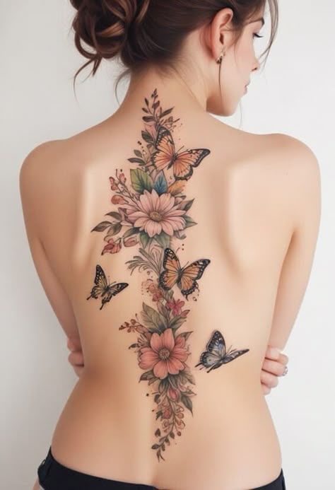 Unique Full Back Tattoos Women, Back Tattoo Women With Butterflies, Women Cool Tattoos, Back Tattoo For Women Elegant, Tattoo Back Women Flowers, Tree Of Life Stomach Tattoo, Garden Back Tattoo Women, Back Tattoo Coverup Women, Lady Back Tattoo