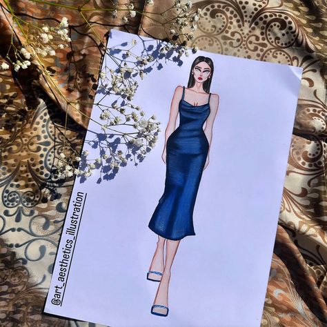 Fashion illustrating a blue silk satin dress with a walking model pose Silk Dress Sketch, Satin Dress Sketch, Satin Dress Illustration, Walking Model, Satin Blue Dress, Walking Poses, Satin Fashion, Dress Illustration, Silk Satin Dress