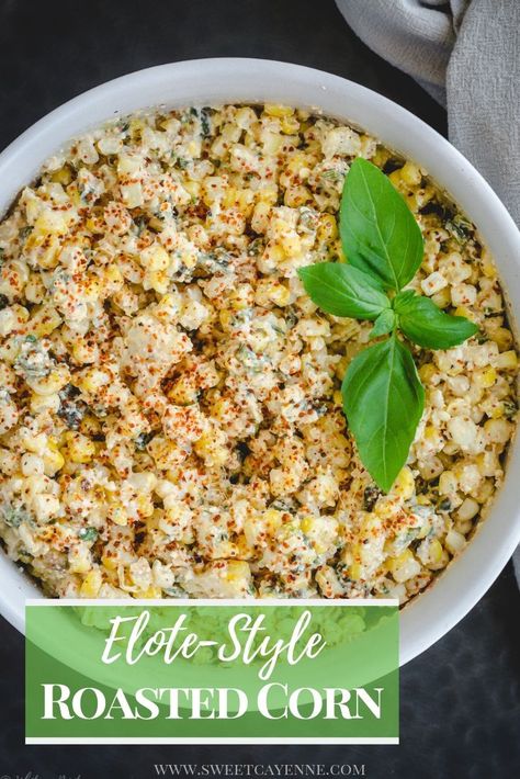 This recipe for elote-style roasted corn and poblano peppers is a great Mexican side dish that uses fresh corn, cotija cheese, Tajin seasoning, and smoking poblano peppers. #elotecorn #mexicanstreetcorn #streetcornsalad #roastedpoblanopeppers #Mexicansides #sweetcayenne | www.sweetcayenne.com Roasted Corn Side Dish, Elote Salad Mexican Style, Recipes Using Tajin Seasoning, Recipes With Tajin Seasoning, Tajin Seasoning Uses, Corn Cotija, Corn Elote Recipe, Corn And Poblano, Poblano Corn