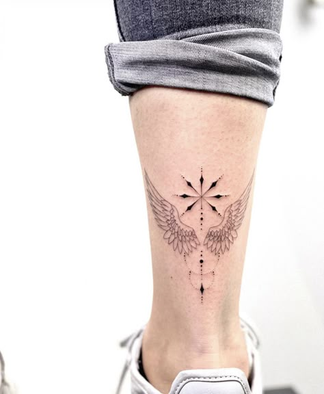 Minimal Wing Tattoo, Wing Tattoo Geometric, Geometric Wings Tattoo, Geometric Angel Wings Tattoo, Minimalist Angel Tattoo Wings, Archangel Tattoo Design, Winged Woman Tattoo, Anklet Tattoos For Women, Alas Tattoo