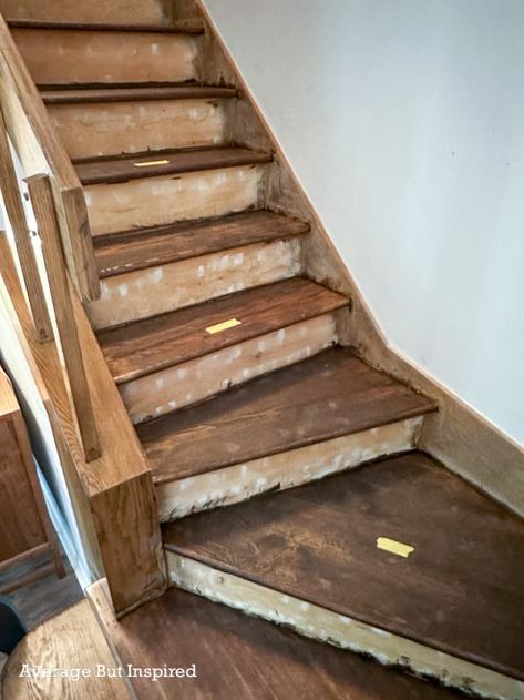 How To Redo Stairs Wood, Finishing Stairs Diy, Redoing Carpeted Stairs To Wood, Pine Stairs Ideas, Replacing Carpet On Stairs, Taking Carpet Off Stairs Diy, Refinishing Stairs Wood, Uncarpeted Stairs, Carpet Stairs To Wood Transition