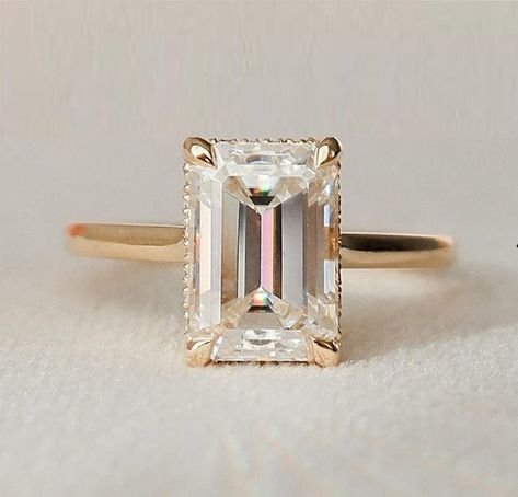 Diamond Ring Hidden Halo, Yellow Gold Solitaire Ring, Ring Hidden Halo, Emerald Cut Engagement, Yellow Gold Solitaire, Eye Spy, Emerald Cut Moissanite, Art Deco Wedding Rings, Cz Rings Engagement