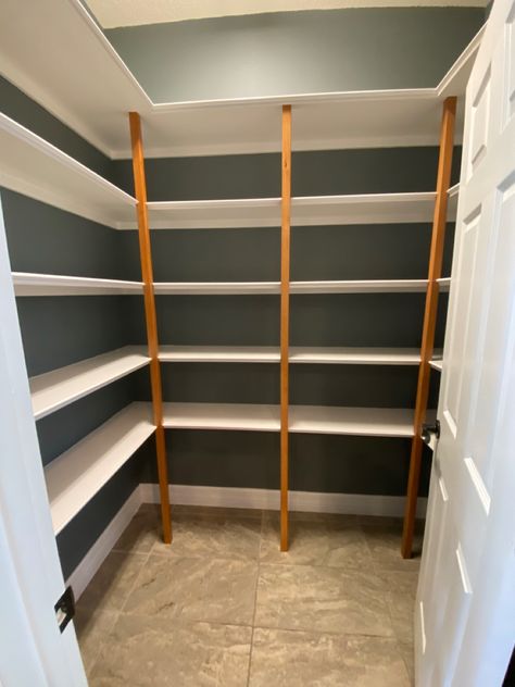 Pantry Colors Paint, Wood Pantry Shelving, Painted Shelves, Stained Beam, Painted Pantry, White Pantry, House Addition, Wire Shelves, Pantry Wall