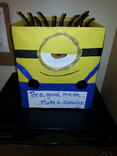 Minion donation box                                                                                                                                                                                 More Donation Boxes Ideas, Food Drive Box Decoration Ideas, Donation Box Decoration Ideas, Book Donation Box Ideas, Food Drive Boxes Ideas, Book Drive Box Ideas, Toy Drive Box Ideas Christmas, Food Donation Box Ideas Diy, Can Food Drive Box Ideas