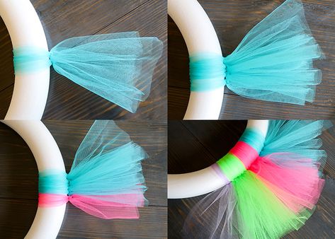 Bright Summer Tulle Wreath | Woo! Jr. Kids Activities Tulle Projects Crafts, Crafts With Tulle, August Decorations, Tule Wreath, Tulle Wreath Tutorial, Tulle Wreath Diy, Tutu Wreath, Tulle Wreaths, Neat Crafts