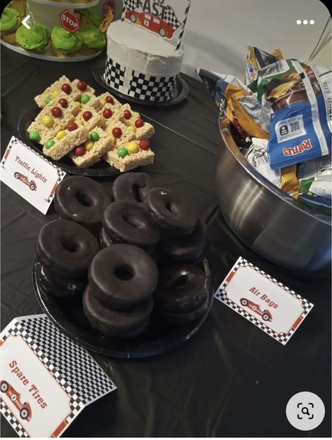 2 Fast 2 Furious Dessert Table, 2nd Bday Car Theme, Race Car Birthday Snack Ideas, Car Theme Snacks For Party, Fast Furious Party Theme, Cars Theme Birthday Party Food Snacks Ideas, Racecar Birthday Party Snacks, Racing Theme Food, Too Fast 2nd Birthday