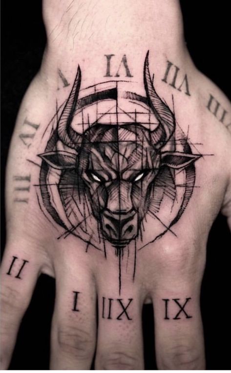 Men's Tattoo Ideas, Taurus Symbol Tattoo, Tattoo Main, Taurus Bull Tattoos, Herren Hand Tattoos, Men's Tattoo, Back Of Leg Tattoos, Fierce Tattoo, Tattoo Homme