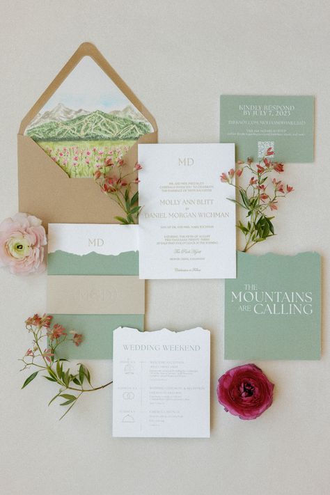 Watercolor Mountain Wedding Invitations, Aspen Wedding Invitations, Wild Flower Mountain Wedding, Mountain Wildflower Wedding Invitations, Mountain Wedding Invitation Suite, Coastal Mountain Wedding, Wedding Invitation Theme Design, Mountain Wedding Mood Board, Colorado Wedding Invitations