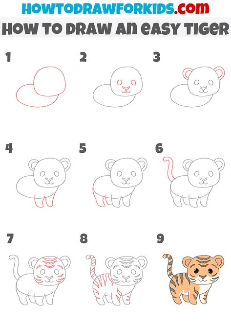 Tiger Drawings Easy, How To Draw Cute Animals Step By Step, Tiger Simple Drawing, Animals Drawing Tutorial, Cute Tiger Drawing Easy, Tiger Drawing Simple, Tiger How To Draw, How To Draw A Tiger Easy, How To Draw A Tiger