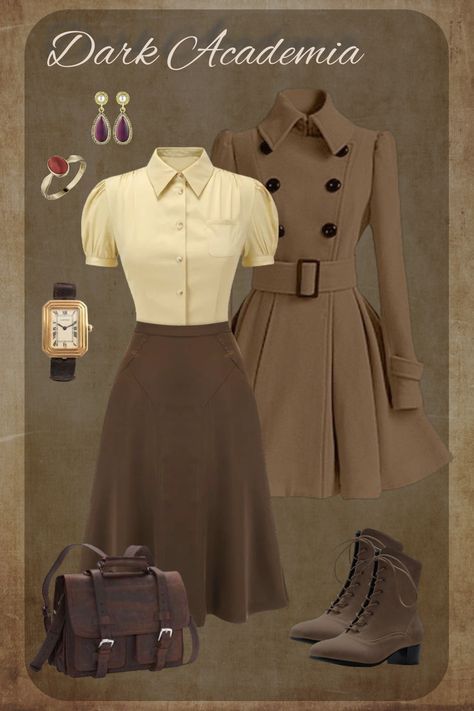 Classy Aesthetic Vintage Outfit, Dark Academia Outfit Vintage, Dark Academia Bags Aesthetic, Academia Dress Outfit, Dark Academia Librarian Outfits, Old Fashion Outfits Vintage, Vintage Female Outfits, Dark Academia Outfits For School, Witchy Dark Academia Outfit