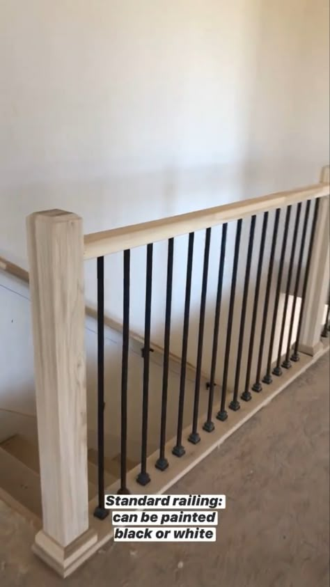 Dark Stair Railing Light Floors, Balcony Railing Indoor, Black And Wood Railing, Indoor Bannister Ideas, Indoor Handrails For Stairs, Diy Indoor Stair Railing, Hallway Railing Ideas, Stair Banisters And Railings, Landing Railing Ideas