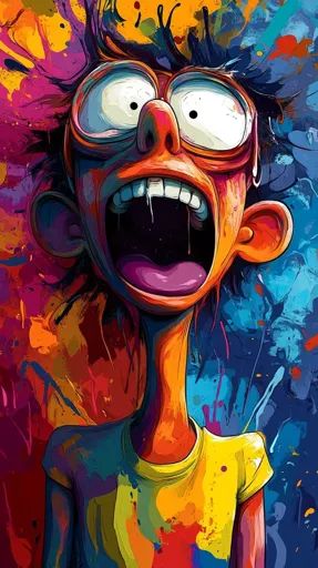 ↑↑↑ Larger size on website 🔸 The image depicts a cartoon-style character with exaggerated features, including large, round eyes, Splattered Paint, Style Character, Round Eyes, Wearing Glasses, Yellow T Shirt, Cartoon Style, Shades Of Orange, A Cartoon, Abstract Background