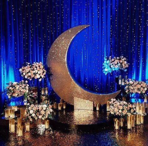 Best Celestial Wedding Decoration Ideas Starry Night Wedding Theme, Royal Blue Wedding Decorations, Starry Night Prom, Star Themed Wedding, Constellation Wedding, Debut Theme, Celestial Wedding Theme, Blue Wedding Decorations, Galaxy Wedding