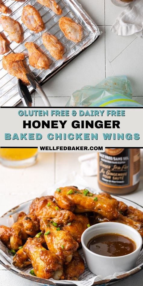 These easy baked chicken wings come out super crispy thanks to a special ingredient that's already in your pantry. These are naturally gluten free and a little lower in calories than traditional fried wings. Honey Ginger Sauce, Gluten Free Wings, Gluten Free Baked Chicken, Easy Baked Chicken Wings, Spicy Honey Chicken, Fried Wings, Gluten Free Snacks Recipes, Crispy Baked Chicken Wings, Honey Ginger