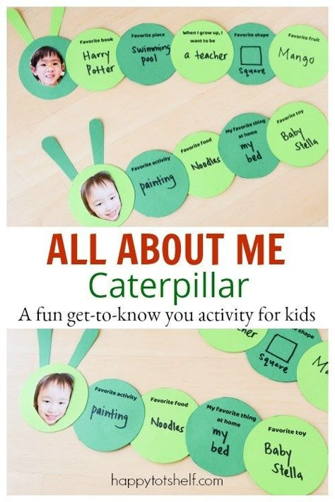 Preschool All About Me Caterpillar:  A fun get-to-know-you activity - Happy Tot Shelf #allaboutme #firstdayofschool Get To Know Me Crafts Preschool, All About Me Art Activities For Infants, All About Me Infant Theme Crafts, All About Me Preschool Lesson Plan, Getting To Know You Activities For Preschool, Get To Know Preschoolers, My Family Ideas For Preschool, Kindy Activities Teaching, R U Okay Day Activities For Kids