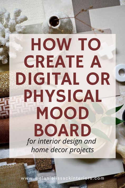 How to make an online digital or a physical mood board for your interior design or home and garden decor projects. A simple guide on what apps to use and how to compile samples. How To Mood Board Interior Design, Idea Boards Interior Design, How To Create A Mood Boards Step By Step, How To Make A Moodboard, Interior Decorating Mood Board, Mood Boards For Interior Design, Architecture Mood Board Presentation, Interior Design Boards Presentation, Home Mood Board Interior Design