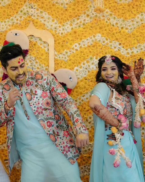 Amidst the swirling turmeric, promises of a lifetime unite us in golden hues 💛 Every moment of this vibrant Haldi ceremony speaks of love and tradition, echoing the joyous beginning of forever. . Couples @styleawhileofficial @tiklup7 Moments captured by @fotobar.foto Outfits - Designed & Customised by the groom himself;) MUA - @revekamakeovers Decor & Design by @eventerio_ Location - @noormahalkarnal_ #HaldiCeremony #IndianWedding #BrideAndGroom #WeddingPhotography #WeddingMoments #BespokeO... Couple Outfits For Haldi Ceremony, Haldi Ceremony Outfit For Groom, Haldi Outfits For Groom, Haldi Dress For Groom, Haldi Ceremony Outfit For Men, Haldi Ceremony Outfit For Bride, Dress For Haldi Function, Groom Haldi, Mehendi Outfits For Bride