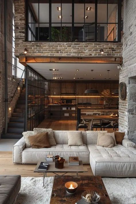 Ny Loft Apartment Industrial, Ny Loft Apartment, Loft Apartment Decorating Ideas, Modern Loft House Design, Industrial Style House, Loft Style Living Room, Modern Loft House, Loft Style Living, Ny Apartment