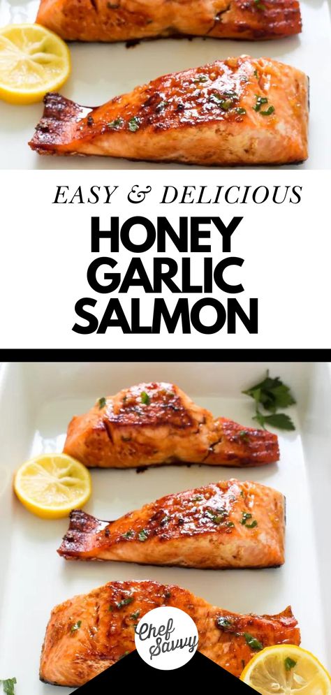 This Easy Healthy Pan Fried Honey Garlic Salmon is healthy and so delicious! Pan-fried and served with a sweet and sticky honey lemon glaze, this recipe requires only 5 ingredients and is ready in less than 20 minutes! It’s perfect for busy weeknight dinners! Follow Chef Savvy for more Seafood Dinner recipes! Fry Salmon Recipes Pan, Pan Fried Salmon With Skin, Pan Fried Salmon Recipes, Honey Garlic Salmon Baked, Pan Fry Salmon, Recipes With Honey, Salmon Dinners, Fried Salmon Recipes, Honey Soy Salmon