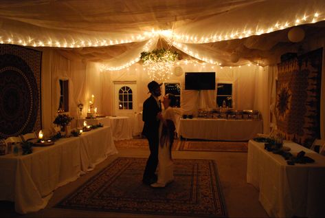 Garage Reception Wedding, Small Indoor Reception, Vfw Wedding Reception, Basement Wedding Reception, Simple Indoor Wedding Reception, Garage Wedding Reception Decor, Intimate House Wedding, Garage Wedding Reception, Intimate Wedding Reception Indoor