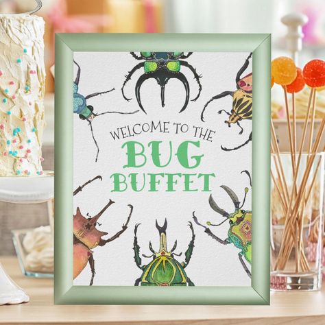 This frameable Bug Buffet party sign is super cute to stand on a food table at your bug themed party!  Set out bug themed snacks for kids to munch on. Ideas for snacks include Ants on a Log (celelery, pb, and raisins), Stick Bugs (pretzle sticks), Ladybug Cookies (chocolate chip), Nature Bars (granola bars), Caterpillar Puffs (cheese puffs), Dirt Cups (pudding with oreo crumble and gummy worms), and Beetle Juice (colorful juice)! Matching products and food labels are availble in my Love Bugs Bir Bug Food Ideas For Kids, Bug Theme Birthday Party, Bug Birthday Party Food, Bug Themed Food, Themed Snacks For Kids, Bug Party Decorations, Love Bug Party, Buffet Food Table, Daycare Birthday