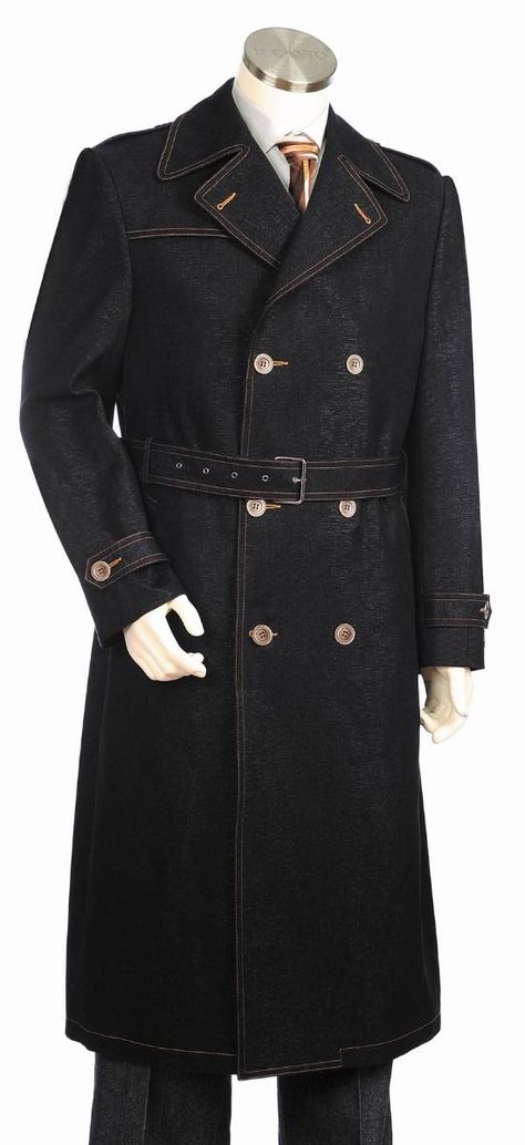 Canto Men's Denim Coat - Belted Full Length 6 Button Coat Full Black Suit, Suit Double Breasted, Long Coat Men, Zoot Suit, Concept Clothing, Trench Coat Men, Suits For Sale, Double Breasted Coat, Dieselpunk