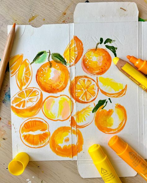 JOIN MY PATREON TO SEE MY PROCESS FOR CREATING ART ON PACKAGING 🍊Fun one today - I used the inside of @lindt dark chocolate with orange packaging to layer on lots of mixed media. The combination of acrylic markers and paint sticks was the perfect base for colour pencil line & details 🧡 Often with these there’s no plan - I just gathered up relevant coloured mediums (scroll through to see outside of pack & work in progress) then just experiment and make it up as I go along. I’m always pleasant... Colour Experiments Art, Tempera Paint Sticks Art, Art Pallet Drawing, Oranges Drawing, Moodboard Drawing, Acrylic Marker Art Ideas, Acrylic Marker Art, Orange Sketch, Paint Marker Art