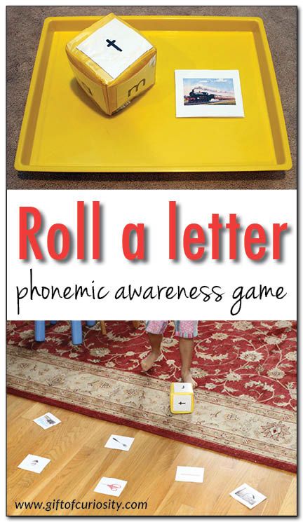 Roll a letter phonemic awareness game {101 ways to teach the alphabet} - a simple game for helping kids learn the sounds letters make and recognize the first sounds of words || Gift of Curiosity Active Phonics Games, Letter Sound Correspondence Activities, Kindergarten Phonemic Awareness, Phonological Awareness Games, Letter Sound Games, Phonemic Awareness Games, Teach The Alphabet, Letter Sound Activities, Emergent Literacy