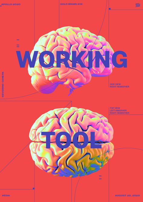 I create a grid with line and place two views of the brain in the center of the canvas with the title "Working Tool" above them. Brain Waves Aesthetic, Brain Graphic Design, Brain Abstract, Brain Aesthetic, Dopamine Art, Brain Vitamins, Brain Design, Medicine Illustration, Brain Poster