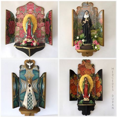 Shrines Box Diy, Mexican Folk Art Decor, Shrines Box, Faith Based Art, Shrines Art, Unicorn Cross Stitch Pattern, Found Art, Clay Art Projects, Assemblage Art