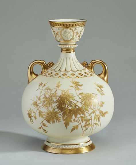 English Royal Worcester porcelain vase. The vase is decorated with yellow wild flowers and gilt accents on a cream ground. Both sides have high relief design around the neck and rim. Signed on the base with the Royal Worcester mark and registry number 35782, mold number 1109. Apparently artist signed, BK, in red. In good condition. Measures 11.6 inches high x 7.5 inches in diameter. Yellow Wild Flowers, Live Drawing, Relief Design, Decorated Jars, Vintage Cups, Antique Ceramics, Royal Worcester, High Relief, Beautiful Dishes