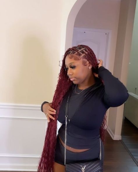 Copper Boho Knotless Braids, Burgundy Boho Knotless Braids, Red Boho Knotless Braids, Small Boho Knotless, Burgundy Knotless, Boho Knotless Braids, Boho Knotless, French Curl, Protective Hairstyles Braids