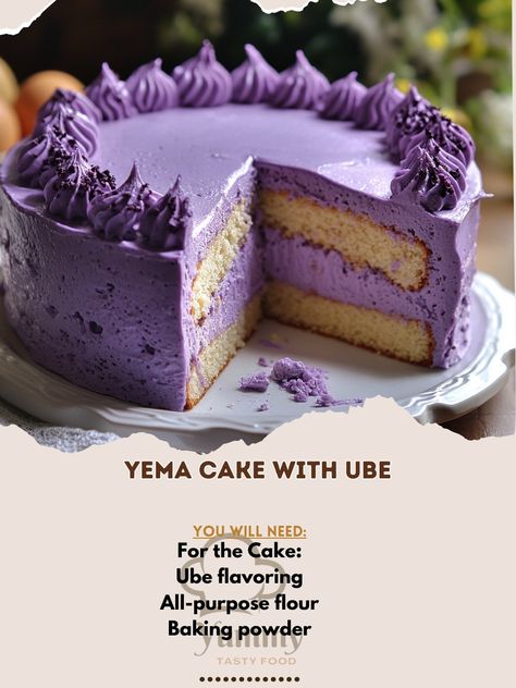 💜 "Delight in the creamy, sweet, and colorful Yema Cake with Ube—a dessert that’s sure to impress!" 💜🍰 #YemaCake #UbeDesserts Yema Cake with Ube Ingredients: For the Cake: Ube flavoring (1 tsp) All-purpose flour (1 ½ cups) Baking powder (1 tsp) Eggs (4, separated) Sugar (¾ cup) Milk (½ cup) Butter (¼ cup, melted) For the Yema Frosting: Egg yolks (3) Condensed milk (1 can) Butter (¼ cup) Ube extract (optional) Instructions: Preheat oven to 350°F (175°C). In a bowl, sift flour and baking ... Ube Yema Cake, Ube Tres Leches Cake, Ube Tres Leches, Yema Cake Recipe, Ube Extract, Can Butter, Yema Cake, Canned Butter, Tres Leches Cake