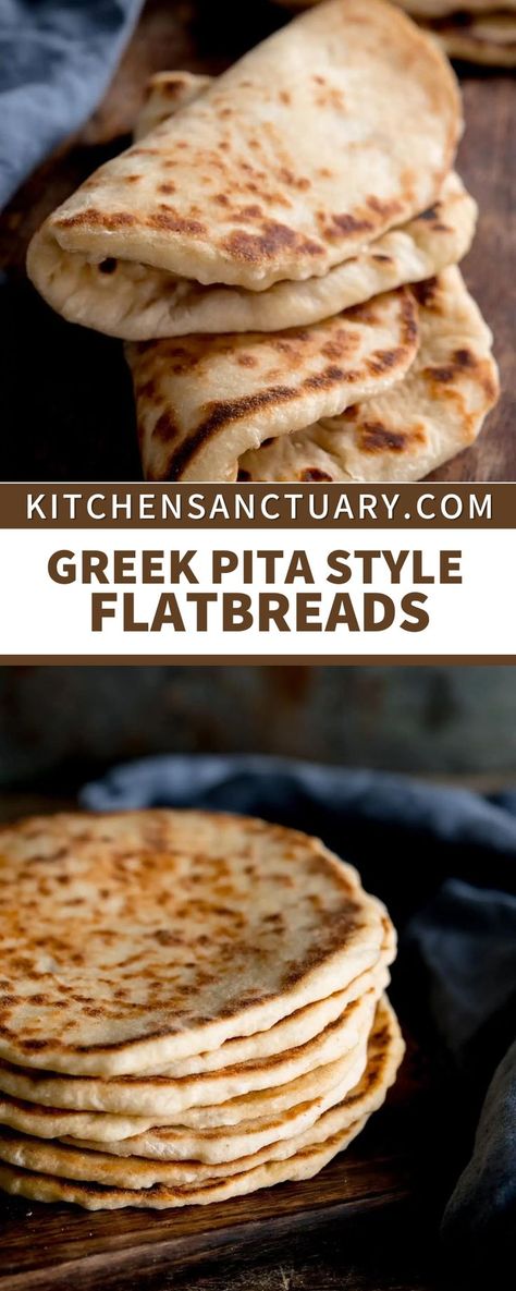 Flatbread Pita Recipes, Pita Bread Recipe With Yogurt, Sourdough Gyro Bread, How To Make Gyro Bread, Sourdough Greek Pita Bread, Greek Flatbread Recipe, Homemade Pita Pockets, Pocketless Pita Bread Recipe, Yeast Flatbread Recipes