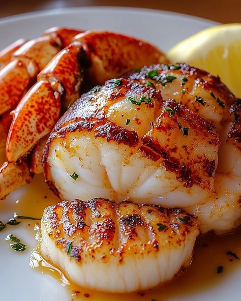 "🦞 Garlic Butter Lobster and Scallops 🧄🦪 Savor the Sea's Bounty with Every Bite! Perfect for a special evening, this dish brings the ocean's freshness right to your dining table, combining the rich, buttery flavors of lobster and scallops with a hint of garlic. 🍽️ Ingredients 🍽️ - For the Scallops: - 1/2 lb sea scallops, patted dry - 1 tbsp olive oil - 2 tbsp unsalted butter - 2 cloves garlic, minced - Salt and pepper to taste - Fresh parsley for garnish - For the Lobster: - 2 lobst... Garlic Butter Lobster, Butter Lobster, Keto Approved Foods, Lobster Recipes Tail, Yummy Seafood, Sea Scallops, Lobster Recipes, Delicious Snacks Recipes, Beef Dinner