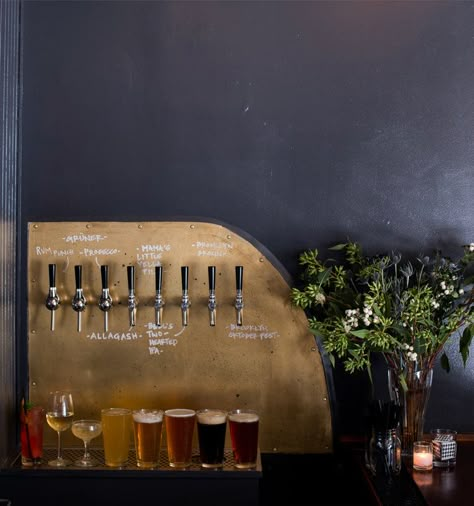 Brass drink taps + brass backsplash at the home bar + black walls + beer taps in the home + chic modern home bar | Jane Beiles Beer Shop Design, Beer Design Ideas, Brass Backsplash, Beer Bar Ideas, Kombucha Bar, Tea Store Design, Craft Beer Shop, Brewery Ideas, Tap Wall