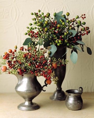 Rose Hip Arrangement - After the flowers have faded, jewel-hued rose hips -- the fruit of a rose plant -- carry the beauty of the garden into fall. Here, mixed with eucalyptus fruit and leaves in pewter vessels, they put on an ebullient show. Vases With Flowers, Silver Vases, Chic Halloween Decor, Winter Centerpieces, Tafel Decor, Fall Flower Arrangements, Holiday Arrangement, Fall Floral Arrangements, Rose Hips