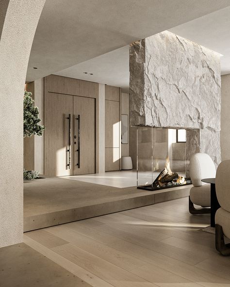 Minimalistic house :: Behance Living Room In The Middle Of The House, Fireplace Center Of Room Middle, Staircase With Fireplace, Concrete Home Interior Design, Living Area Design Interiors, Modern French House, Fire Hearth, Interior Design Luxury Modern, Lounge Bedroom