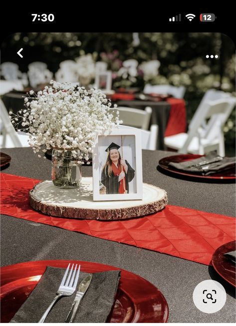 Chico State Graduation Party, Center Piece For Graduation Tables, Navy And Red Graduation Party, Flower Centerpieces Graduation Party, Uh Graduation Party, Red White Graduation Party, Graduation Red And Black, Ecu Graduation Party, Rustic Graduation Decor