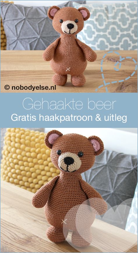 Vandaag heb ik een bijzonder artikel op mijn blog. Ik deel namelijk gratis mijn allereerste zelf ontworpen en uitgewerkte haakpatroon van een knuffel (amigurumi). Ik stel je voor aan Bram de Beer. De uitleg en het haakpatroon staan gratis op mij blog. Beer Haken, Crochet Beer, Knitted Decor, Ruffle Sweater, Easter Crochet, Yarn Diy, Granny Square Crochet Pattern, Crochet Bear, Paper Crafts Diy Kids