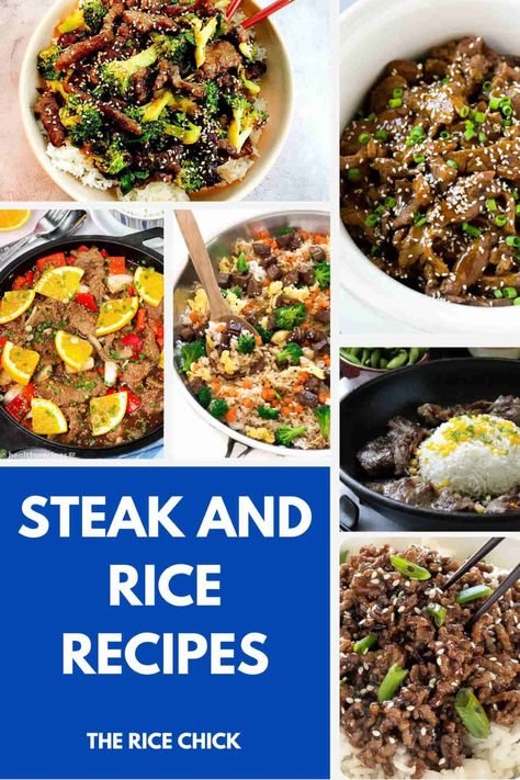 Steak and Rice Recipes - The Rice Chick Steak Rice Bowl Recipes, Steak And Rice Bowl, Steak And Rice Recipes, Steak Rice Bowl, Beef Bowl Recipe, Beef Tips And Rice, Steak Rice, Basmati Rice Recipes, Healthy Rice Recipes