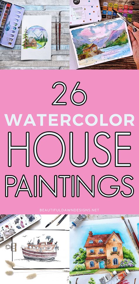 Painting Houses Art, Watercolor Houses Illustration, Watercolor Paintings Of Houses, Watercolor Houses Simple, Watercolor House Painting Tutorial, Watercolor Buildings Easy, Watercolor Art House, Watercolour Houses, House Painting Ideas