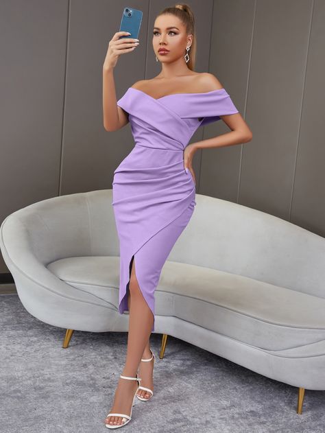 Lilac Purple Elegant Collar Short Sleeve Fabric Plain Bodycon Embellished Medium Stretch  Women Dresses Lilac Dress Formal Short, Lilac Dress Graduation, Lilac Graduation Dress Short, Purple Dress Formal Classy Short, Light Purple Wedding Guest Dress, Pencil Frock, Lavander Dress Outfit, Purple Formal Dress Short, Vestidos Color Lila